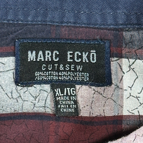 Marc Ecko Shirt Adult EXTRA LARGE Burgundy Blue Cut & Sew Plaid Pockets - Picture 7 of 11